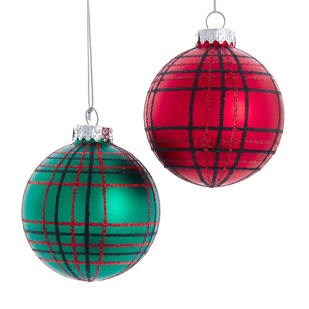 Kurt Adler 80 MM Red and Green Plaid Glitter Balls, 6-Piece Set